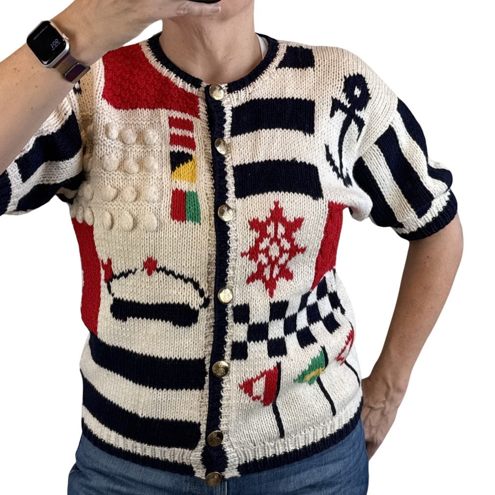Eagle Eye 80s Vintage Nautical Sailing Short Sleeve Button Cardigan Size M Knit